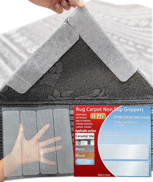 Rug Carpet Non Slip Grippers, 16Pcs Large Carpet Tape Pads Reusable, Removable Strong Adhesive No Damaging for Floor, Double Sided Rug Carpet Tape...