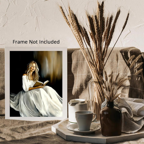 Posterizer 1 pcs-elegant woman in a white gown reading a book 4-Abstract & Modern Art Gift for Art Lovers Living Room Bedroom Decor- unframed wall...