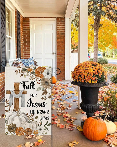Fall Cross Garden Flags for Outside Decorations, Religious Cross Fall for Jesus with Pumpkins Maple Leaves Small Yard Flag, Harvest Autumn Thanksg...