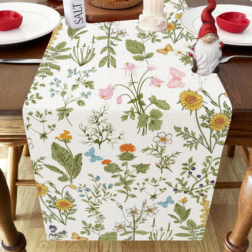 Floral Wildflowers Table Runner, Spring Butterfly Herbs Farmhouse Holiday Home Kitchen Dining Table Decoration, 13 x 72 Inch...