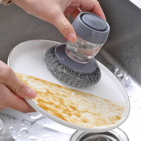 Dish Brush with soap Dispenser,with 2 Velvet Dish Brushes, Steel Wool Scrubber for Cleaning Dishes, pots, Pans, Grills, Sinks, Replaceable Brush H...