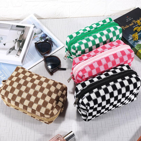 4Pcs Checkered Makeup Bag for Women Knitted Small Cosmetic Bag Travel Makeup Pouch for Purse Zipper Toiletry Organizer Cute Aesthetic Girls Makeup...