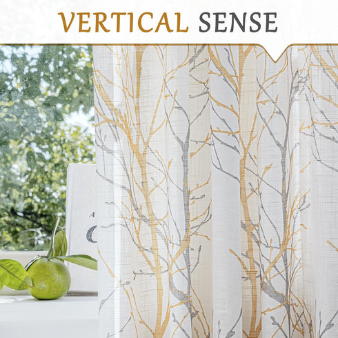 FMFUNCTEX Sheer Sidelight Front Door Curtains 40 Inches Long White Yellow Branch Tree Half Print Curtain for Patio Doors with Matching Tiebacks 24...