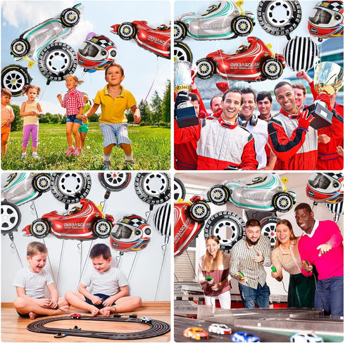 10 PCS Race Car Balloons, Foil Helmet Checkered Balloons and Hot Wheel Tire Balloons, Race Car Party Supplies for Boy Two Fast Birthday Party Cars...