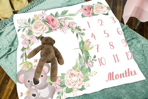 Baby Memory Blanket, Koala Cute Animal Flowers Newborn Baby Monthly Milestone Blanket for Girls Princess Baby Age Blanket, 48x40 Inch Nurse Receiv...