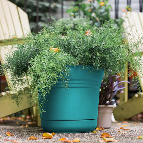 Bloem Saturn Round Planter with Saucer Tray: 10" - Bermuda Teal - Durable Plastic Pot, Matte Finish, Removable Saucer, for Indoor & Outdoor Use, G...