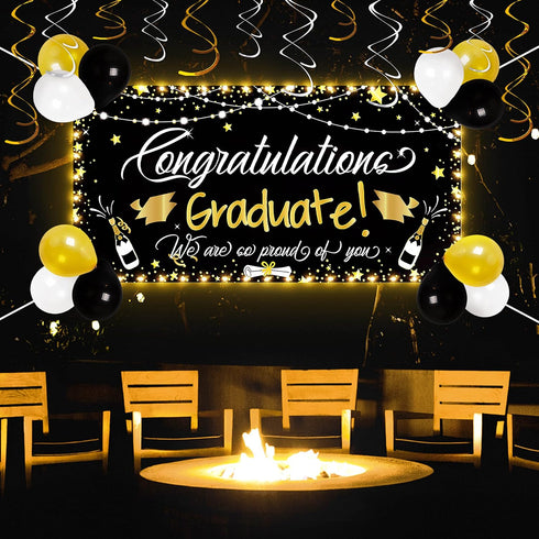 90shine Graduation Decorations Class of 2025 - Lighted Large Congrats Grad Banner Garland Photo Backdrop+Balloons+Hanging Swirls Party Supplies (2...