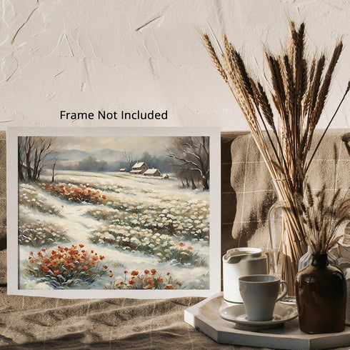 Posterizer 1 pcs-snowy winter flowers scene in oil painting style-6-Landscape & Nature Art-Floral & Botanical Art- Dining Room Decor- unframed wal...