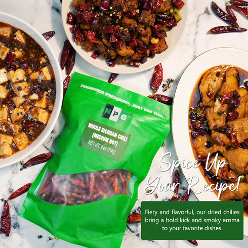 NPG Sichuan Red Chili Peppers 4 Ounces, Medium Hot, Premium Szechuan Dried Red Chilies for Chili Oil, Paste, and Sauce, Used in Mexican, Chinese, ...