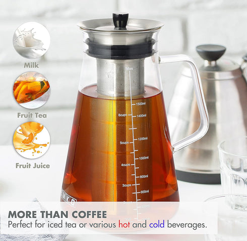 Aquach Airtight Cold Brew Coffee (Iced Tea) Maker 51oz/1.5L, BPA-Free, Durable Borosilicate Glass Pitcher and Stainless Steel Fine-Mesh Filter, Di...