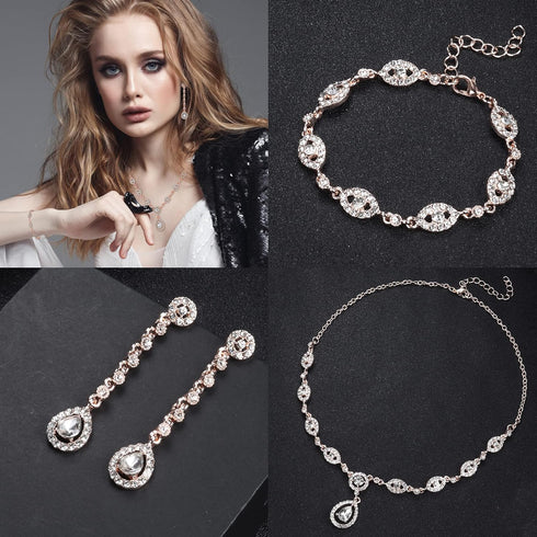 YADOCA Wedding Bridal Jewelry Set For Women Silver Prom Costume Jewelry Sets Rhinestone Crystal Teardrop Necklace Earrings Bracelet Bridesmaid Jew...