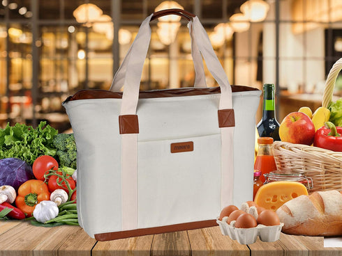Insulated Grocery Bag with Zippered Top - Thermal Reusable Canvas Shopping Tote for Groceries - Travel Picnic Leakproof Cooler Bags Keep Foods Col...