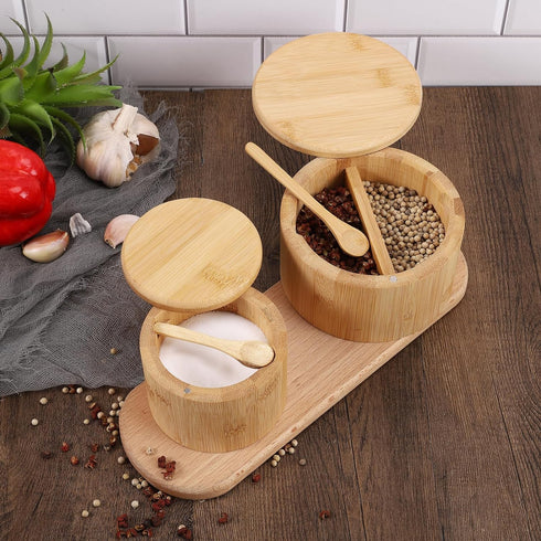 Natural bamboo Salt and Pepper Bowl, Bamboo Salt Cellar and Spices Storage Box With Built-in Spoon and Magnetic Swivel Lid (Single Compartment)...