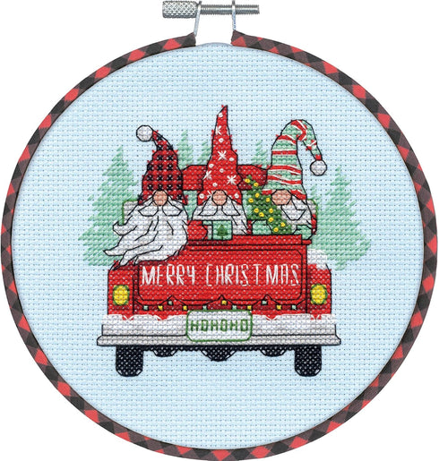 Dimensions Red Truck and Holiday Gnomes Christmas Counted Cross Stitch Kit, 6" D, 14 Cnt. Light Blue Aida 6 Piece...