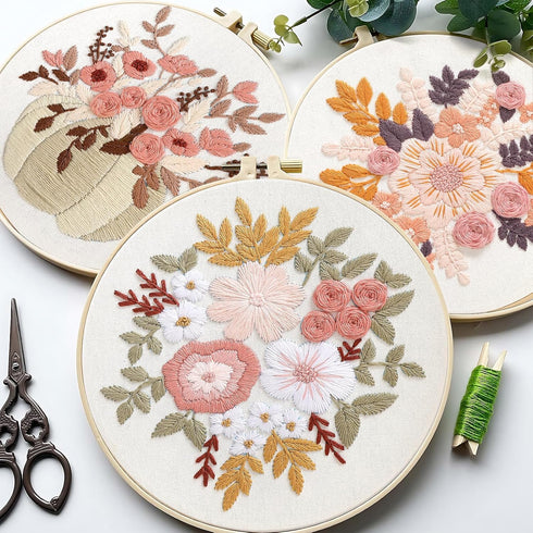 Sivilife Embroidery Kit for Beginners, 3 Sets Stamped Cross Stitch Kits for Beginner, Floral Pattern Embroidery Starter Kits for Adults with Embro...