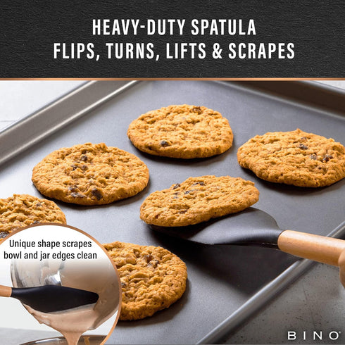 BINO 2-Piece Wooden Handle Silicone Mixing Spoons & Spatulas Set - Black | Heat Resistant Kitchen Utensils for Nonstick Cookware | BPA Free | Cook...