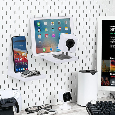 4" Small Wall Mount Shelf with Tablet & Phone Holder, Use for Baby Monitors, Bedside, Decor, Cameras, Speakers & More, Adhesive & Screw-in (White)...