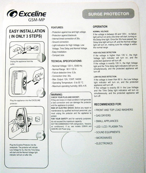 Electronic Surge Protector for Front and Top Load Washers, Gas Dryers, LED, LCD and Plasma Tv's...