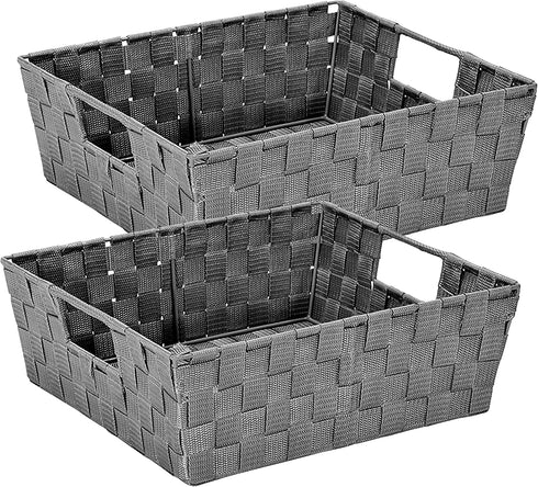 Simplify Large Shelf Woven Strap Tote, Decorative Storage Basket, Built in Handles, Organizing Accessories, Drawers, Desks, Closets, Bathroom, Bed...