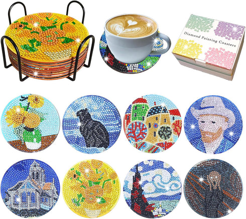 LINGFANG 8 Pcs Diamond Painting Coasters Kits, Van Gogh Sunflowers DIY Diamond Art with Holder & Cork Pad Non Slip Coaster for Beginners, Diamond ...
