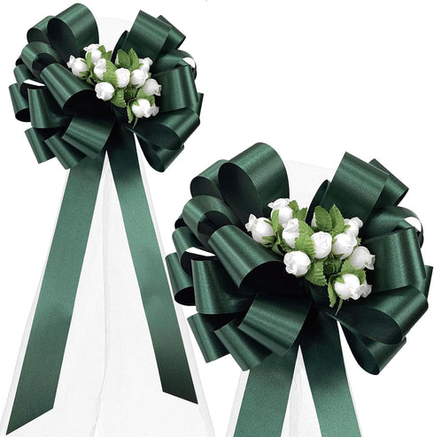 Hunter Green Pull Bows with Tulle Tails and Rosebuds - 8" Wide, Set of 6, Spring, Wedding Pew Bows, Aisle Decoration, Reception, Anniversary, Birt...