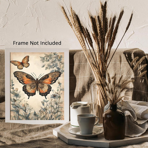 Posterizer 1 pcs- Two orange butterflies with blue wild flowers-Art for Animal Lovers-Floral Botanical Art- Gift for Men Women Teens-Decor for Ho...
