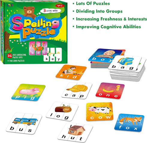 72 Word Spelling Puzzles with Error-Correction Mechanism in 3 Pieces, Perfect for Preschool Learning (36 Block Double Sided)...