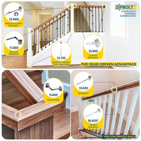 Zipbolt 11.560 Angled Railbolt — Angled Staircase Handrail to Newel Post Connector for Lower Connection, Residential and Commercial Installation, ...