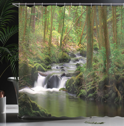 Ambesonne Nature Shower Curtain, Stream Flowing in Forest Mossy Rocks Tree Foliage Splash Summertime Hiking, Cloth Fabric Bathroom Decor Set with ...