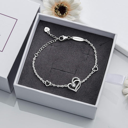 Heart Bracelet Sterling Silver for Women, Cubic Zirconia Love Charm Eternity Bracelet Jewelry Anniversary Birthday Valentine for Her...