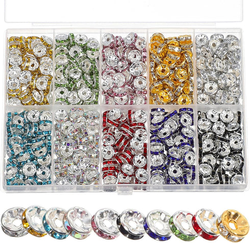 IMIKEYA Rondelle Spacer Beads: 700Pcs 8mm Rondelle Beads for Jewelry Making Rhinestone Spacer Beads 10 Colors Crystal Bead Spacers Flat Round Loos...