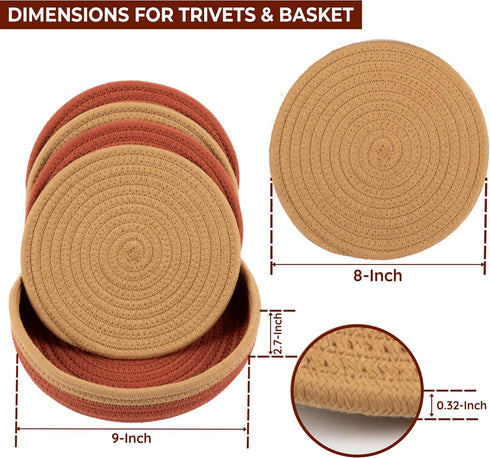 Trivets for Hot Dishes 100% Cotton Rope - 8" Trivets for Hot Pots and Pans Set of 5 Pcs w/ 9" Storage Basket | Pot Holders Heat Resistant | Hot Pa...