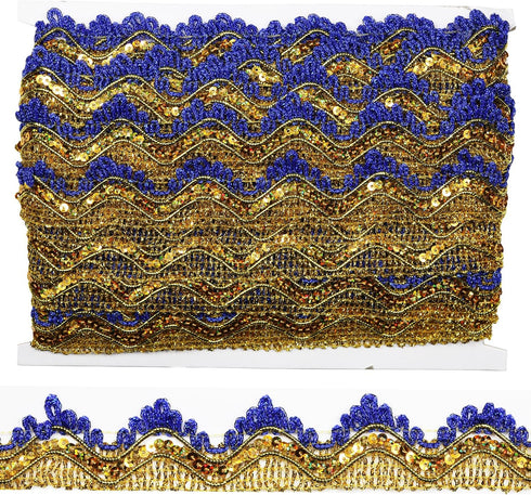 Long 14 Yard Wide 35mm/1.37inch Blue Gold with Gold Sequins lace Trim Decorated Gimp Trim Craft Ribbon for DIY Craft Sewing Fabric, Crafts and Sew...