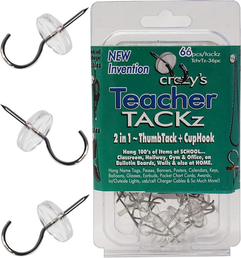 Teacher TACKz 66 Tacks - School Supplies for Teacher's Class Room - 2 in 1 Push pin Hook tack • Banners, Signs, Word Wall Name Letter Fact Family ...