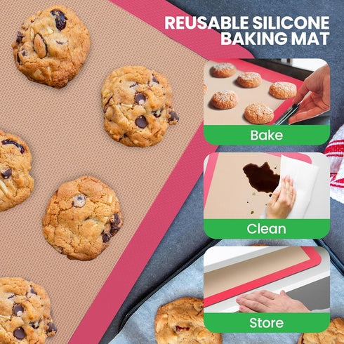 Nutrichef Silicone Baking Mats - 2 Non-stick Food-Grade Reusable Silicone Mats - Perfect for Half Baking Pans 16.5 x 11.6 IN - Oven-Safe Up to 480...
