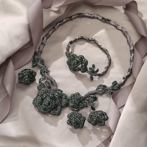 EVER FAITH Bridal Austrian Crystal Jewelry Set, Enamel Rose Flower Leaf Necklace Earrings Bracelet Ring Set for Women...