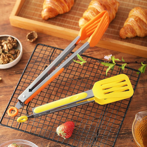 2PCS Kitchen Tongs, OHOLA Heat Resistant Silicone Tongs for Cooking, Extra Wide Silicone Tips, Pull Lock, 9 and 12 inch (Orange + Yellow)...