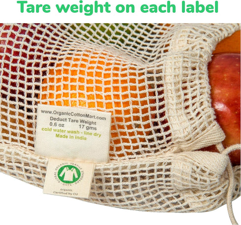 Reusable Organic Cotton Mesh Produce Bags - 100% Cotton, Durable, Double Stitched, Washable with Tare Weight & Drawstring - Mesh Bags for Grocery ...