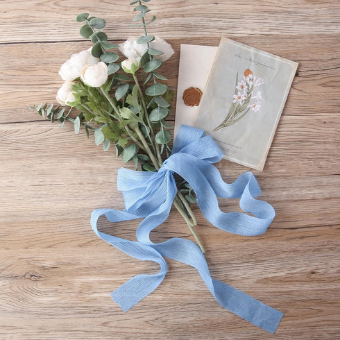Blue Ribbon Crinkle Chiffon 1 1/2 Inch Handmade Tulle Fabric Silk Ribbon for Flower Bouquet Wedding Decor Gift Wrapping 3 Rolls 9 Yd...