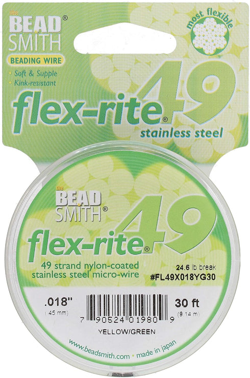 The Beadsmith Flex-Rite Wire – 49 Strand, Nylon Coated, Stainless Steel Beading Wire – Yellow Green Color, 018” Diameter, 30-Foot Spool – Flexible...