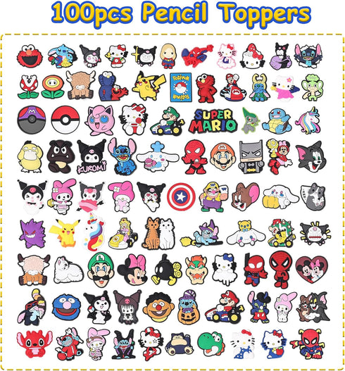100PCS Mixed Anime Cartoon Pencil Toppers - Kawaii Pen Charms for Boys and Girls, Cute Classroom Rewards and Prizes for Students, Pencil Decoratio...