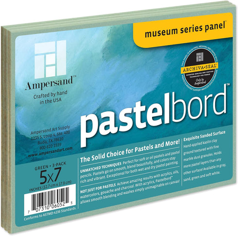 Ampersand Art Supply Pastel Painting Panel: Museum Series Pastelbord, 5" x 7" - Pack of 3, Green, 1/8 Inch Flat Profile...