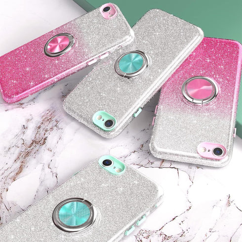 Slim Sparkly Case for iPhone SE 2020/SE 3 2022/8/7 with 360 Ring Holder Kickstand, Glitter, Silver...