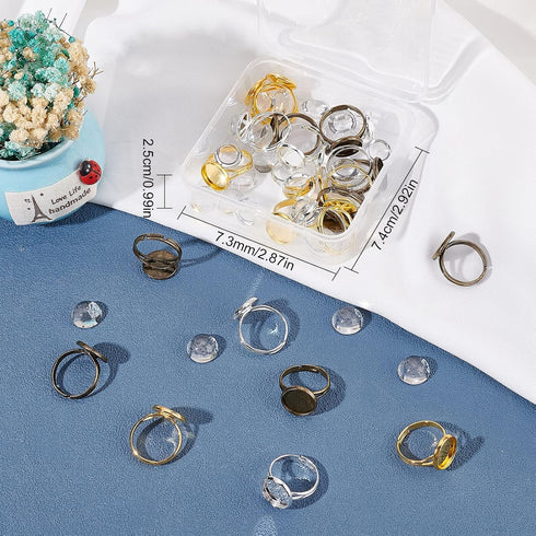 SUNNYCLUE DIY 1 Box 60Pcs Adjustable Ring Base Cabochon Rings Making Kit 30Pcs Finger Rings Blanks Blank Ring Bases Tray 30Pcs 12mm Flat Round Gla...