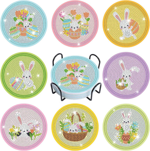 Whaline 8Pcs Easter Diamond Drawing Coasters with Holder, DIY Diamond Drawings Coasters, Colorful Bunny Rabbit Egg Diamond Drawing Kits for Adults...