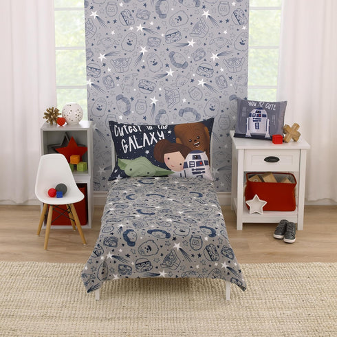 Star Wars Welcome to The Galaxy Navy and Gray Princess Leia, R2-D2, Chewbacca, and C-3PO Super Soft Toddler Blanket...