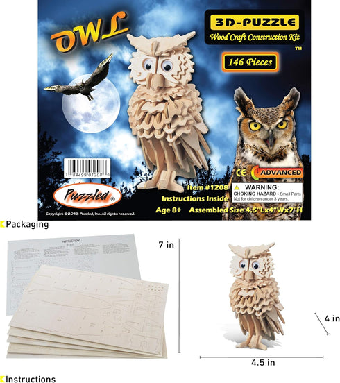 Puzzled 3D Puzzle Owl Wood Craft Construction Model Kit, Fun Unique & Educational DIY Wooden Toy Assemble Model Unfinished Crafting Hobby Puzzle t...
