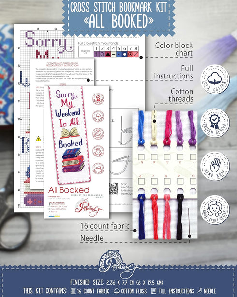 Sorry, my weekend is all booked' - Counted Cross Stitch Kit for Adults - Snarky Embroidery Set with Funny Inspirational Quote, Gifts for Reader, ...