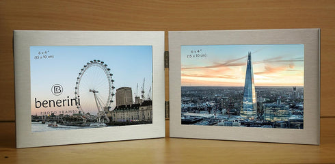 Brushed Aluminium Satin Silver Colour - Twin 2 Picture Horizontal Double Folding Photo Frame - Takes 2 Photos of 6 x 4 inches (15 x 10 cm) (Landsc...