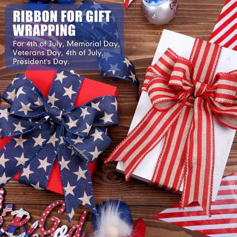 2 Rolls 20 Yard Red White and Blue Ribbon Patriotic Star and Striped Wired Ribbon Royal Blue USA Ribbon DIY Crafts for 4th of July, Independence D...